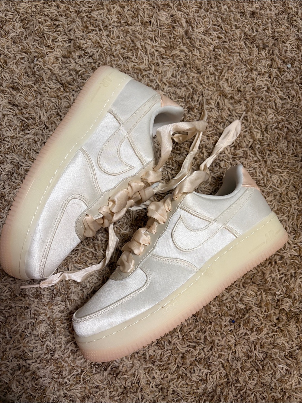 Women's NIKE Satin Platform Sneakers Air Force 1s Sails- Ivory & Blush